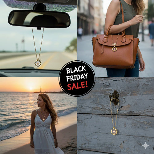 Collage of a necklace, a handbag, a sunset at the beach, and a woman in a white dress with a 'Black Friday Sale!' label.